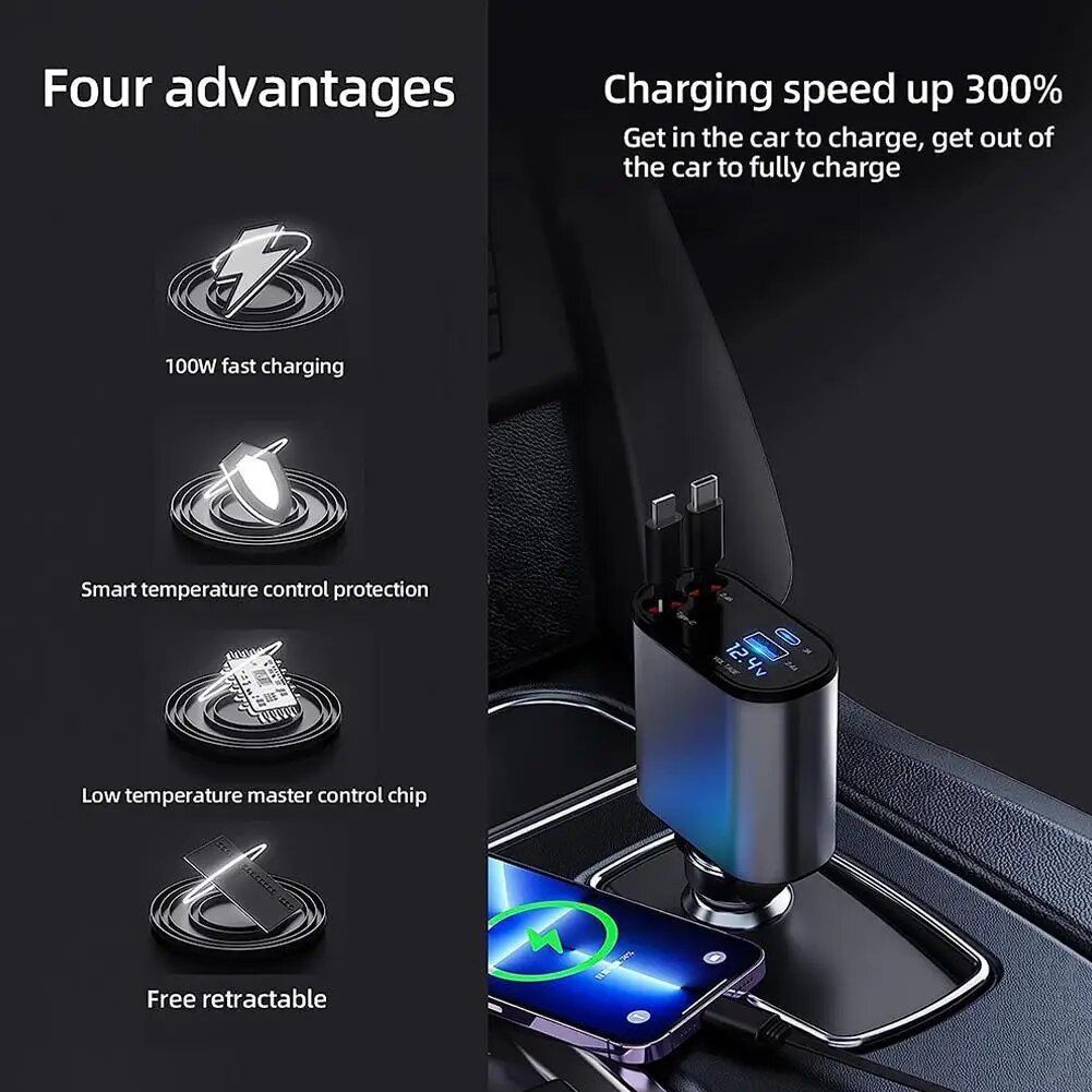 120W 4 in 1 Retractable Car Charger,Super Fast Charge Car Phone Charger,Retractable Cables & 2 USB Ports Car Adapter for Android Phones & iPhone 16/15/14/13/12/11 Pro Max,Xr,Ipad,Pixel