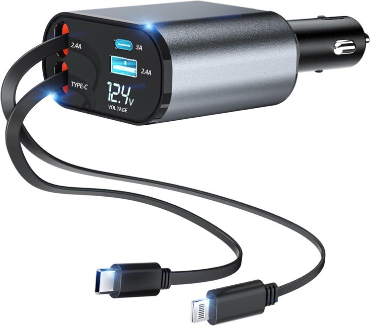 120W 4 in 1 Retractable Car Charger,Super Fast Charge Car Phone Charger,Retractable Cables & 2 USB Ports Car Adapter for Android Phones & iPhone 16/15/14/13/12/11 Pro Max,Xr,Ipad,Pixel